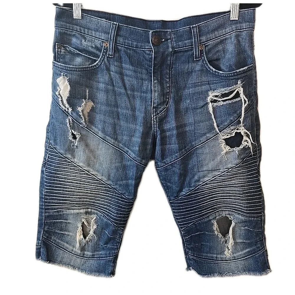 True Religion Geno Relaxed Slim‎ Moto Mens Distressed Blue Jean Shorts Size 32